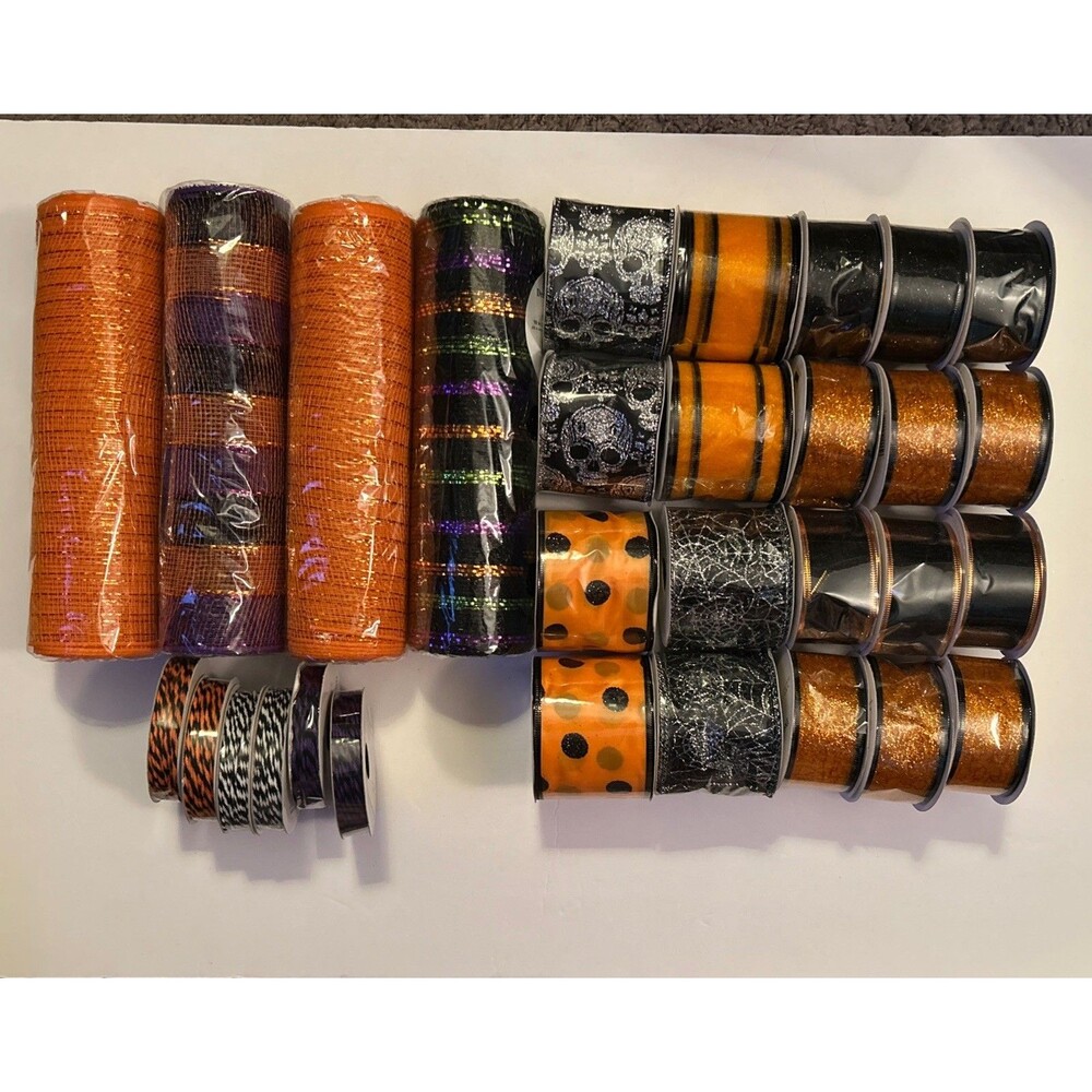 Halloween Decorative Ribbon Huge Mixed Lot Wreaths Crafts Fall Wire Edge